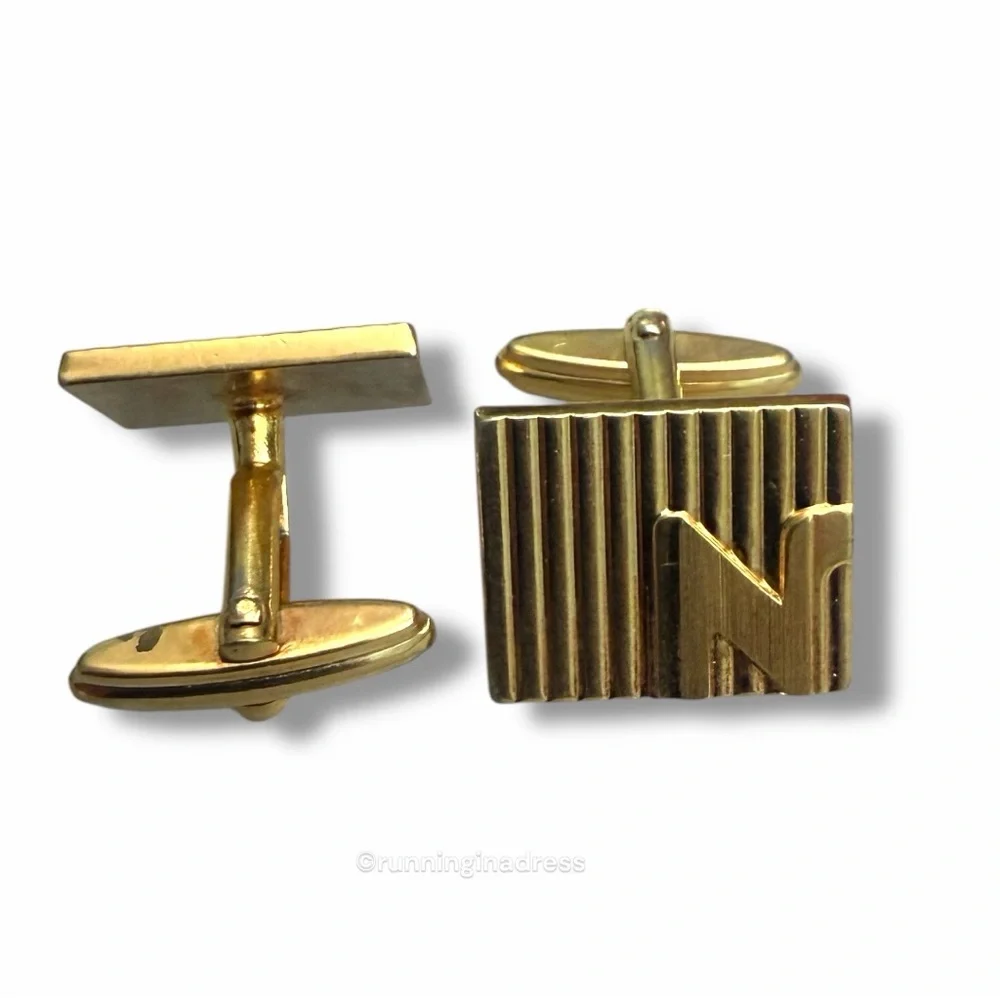 VTG 1980s Nina Ricci Gold Ribbon Textured N Monogram Cufflinks